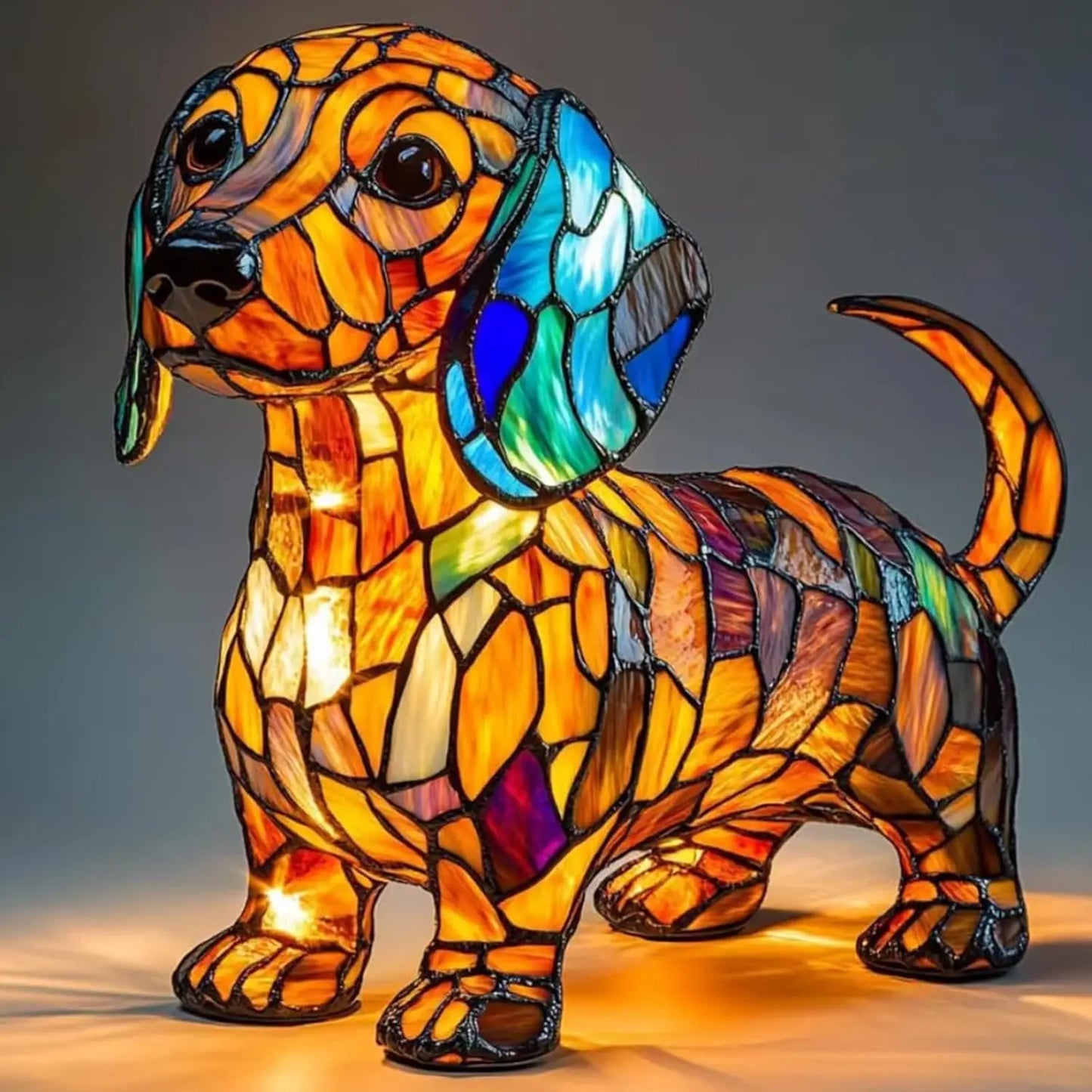 Art Nouveau stained glass cat dog lamp handcrafted multicolor vintage-inspired warm ambient glow sculpture