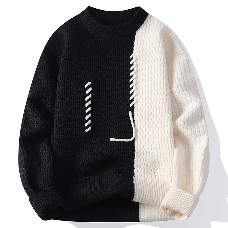 Cream and black two-tone textured knit sweater with stitched smiley motif, relaxed casual fit