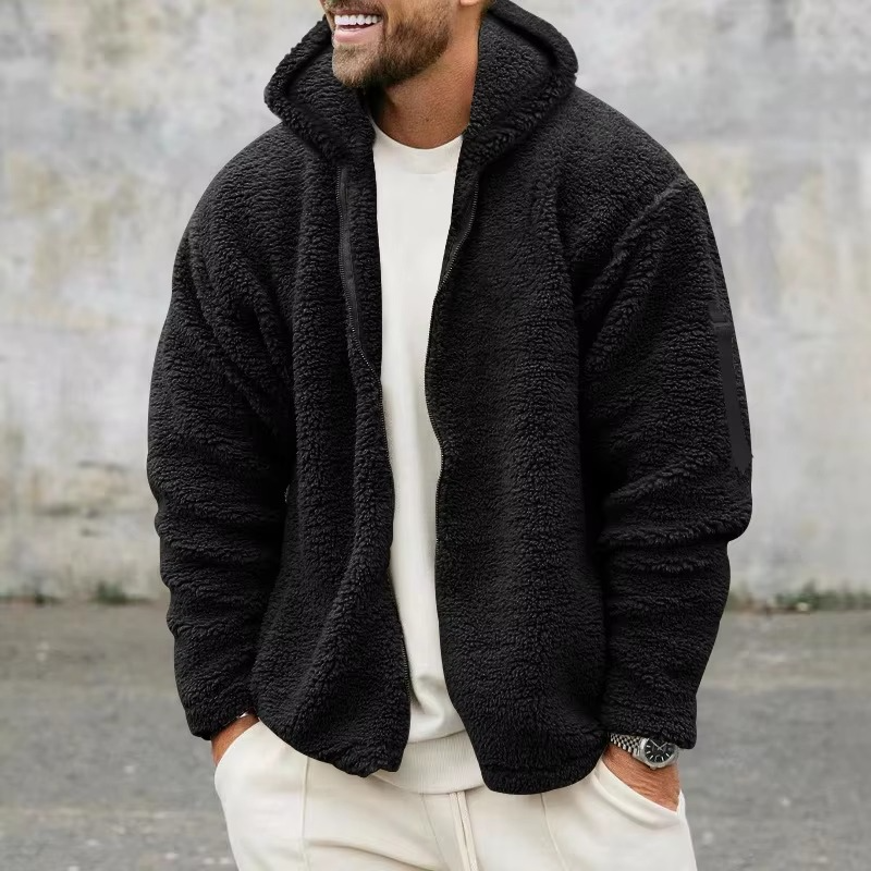 Men's reversible fleece hooded jacket two-tone cold weather outdoor wear with dual-look design