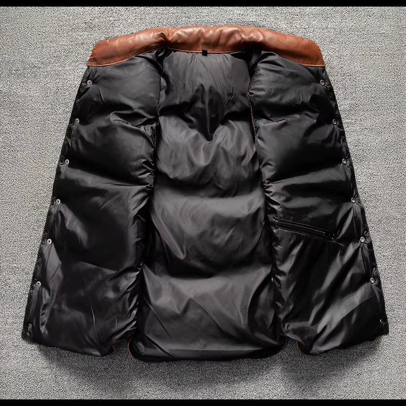 Men's dark brown quilted lambskin leather puffer biker vest with rugged moto-style detailing
