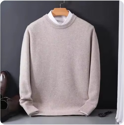 Men's beige cashmere O-neck pullover sweater, fine-gauge knit with soft warmth and slim refined fit