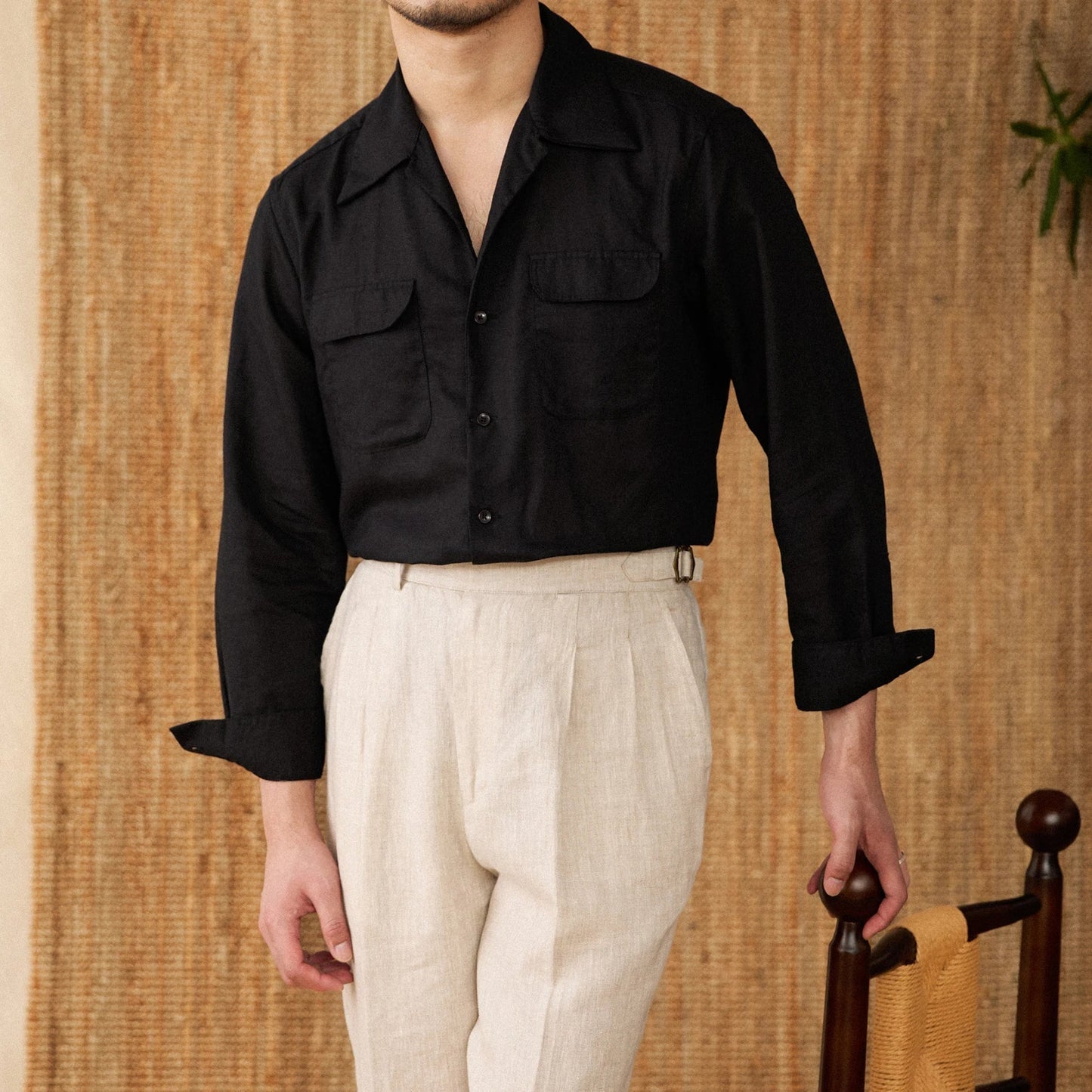 Men's white linen shirt relaxed fit long sleeve breathable natural fabric warm weather casual style
