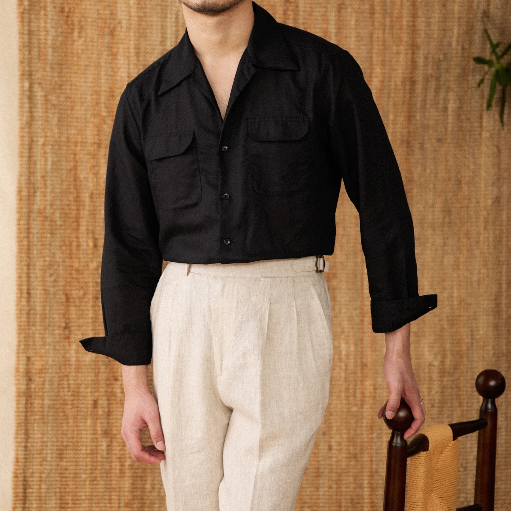 Men's white linen shirt relaxed fit long sleeve breathable natural fabric warm weather casual style
