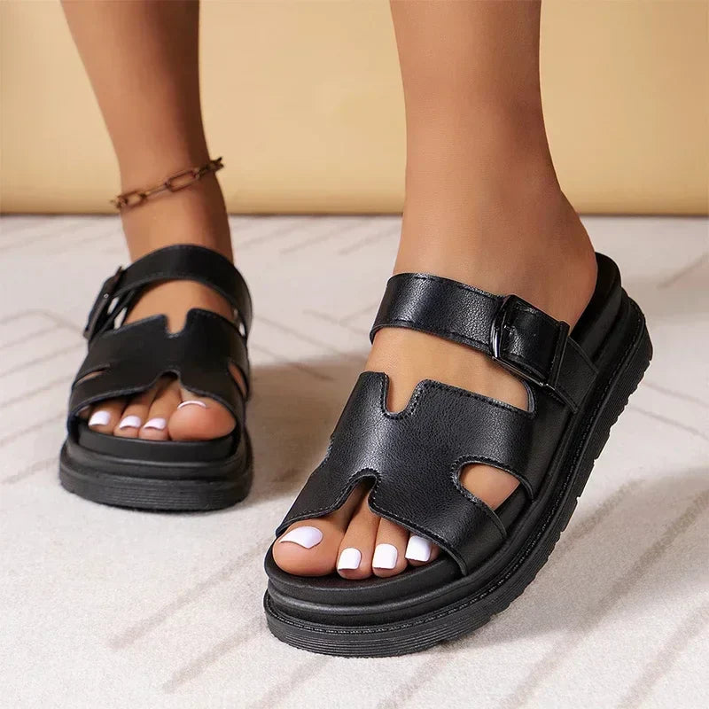 Women's beige leather platform sandals with adjustable ankle buckle strap and cloud comfort sole