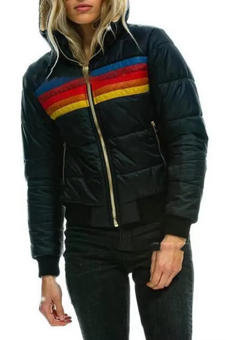 Women's cropped cotton jacket with hood and zipper, lightweight spring layer in modern print