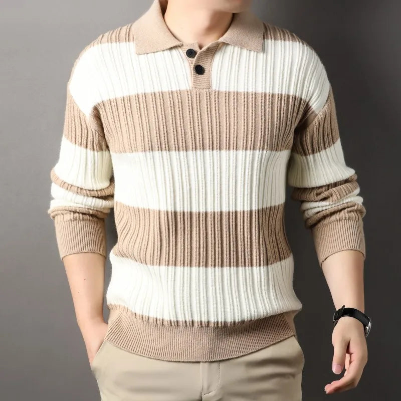 Men's striped ribbed knit polo sweater, structured collar, bold horizontal pattern, smart-casual midweight