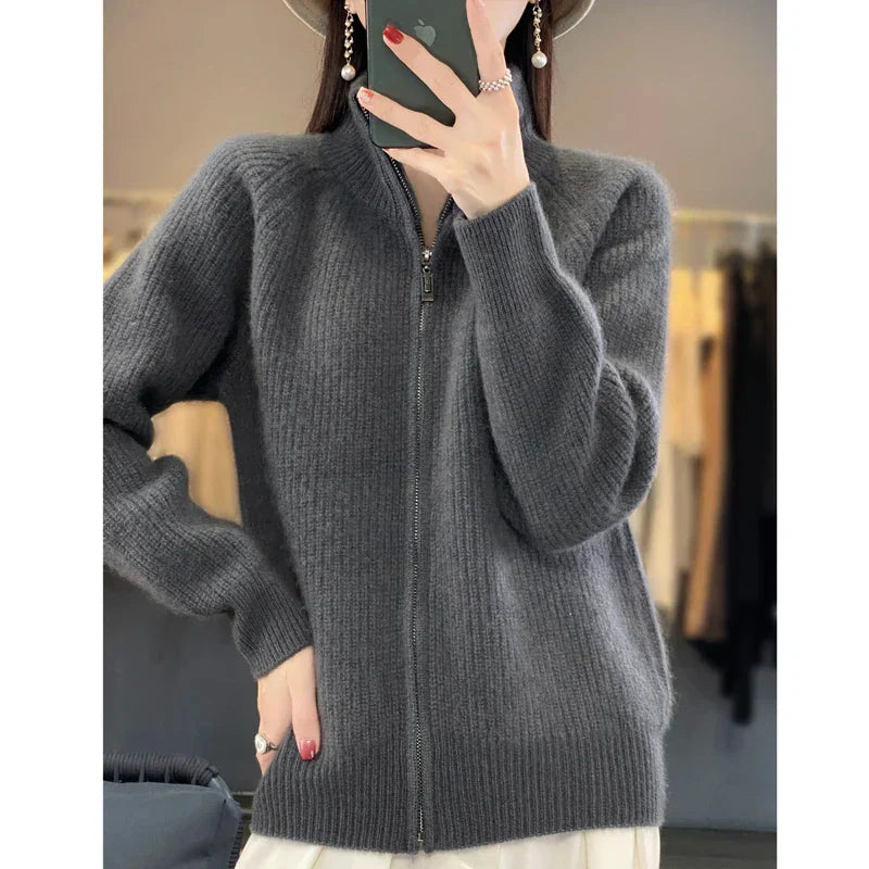 Women's pure wool zip-up jacket padded shoulders sleek zipper structured silhouette timeless style