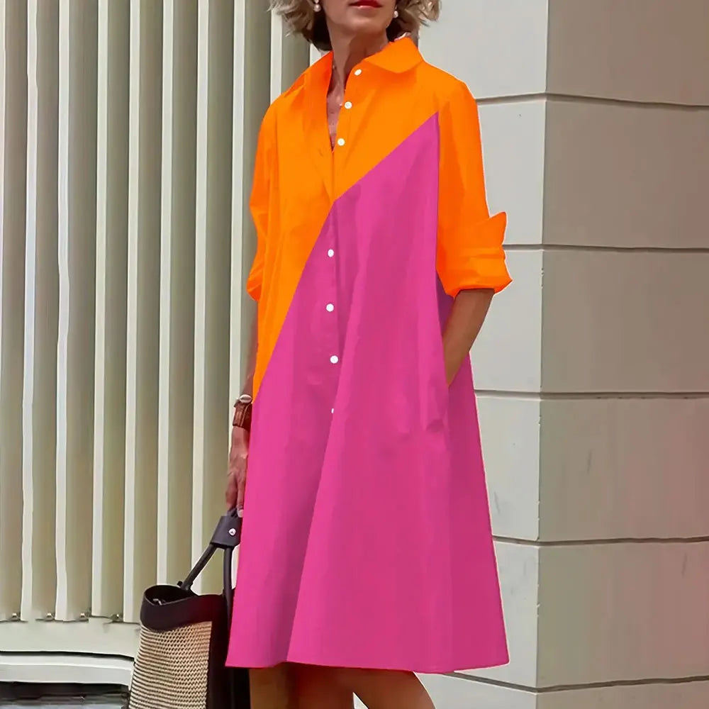 Women's knee-length A-line shirt dress with button-front closure and long sleeves, elegant versatile fit