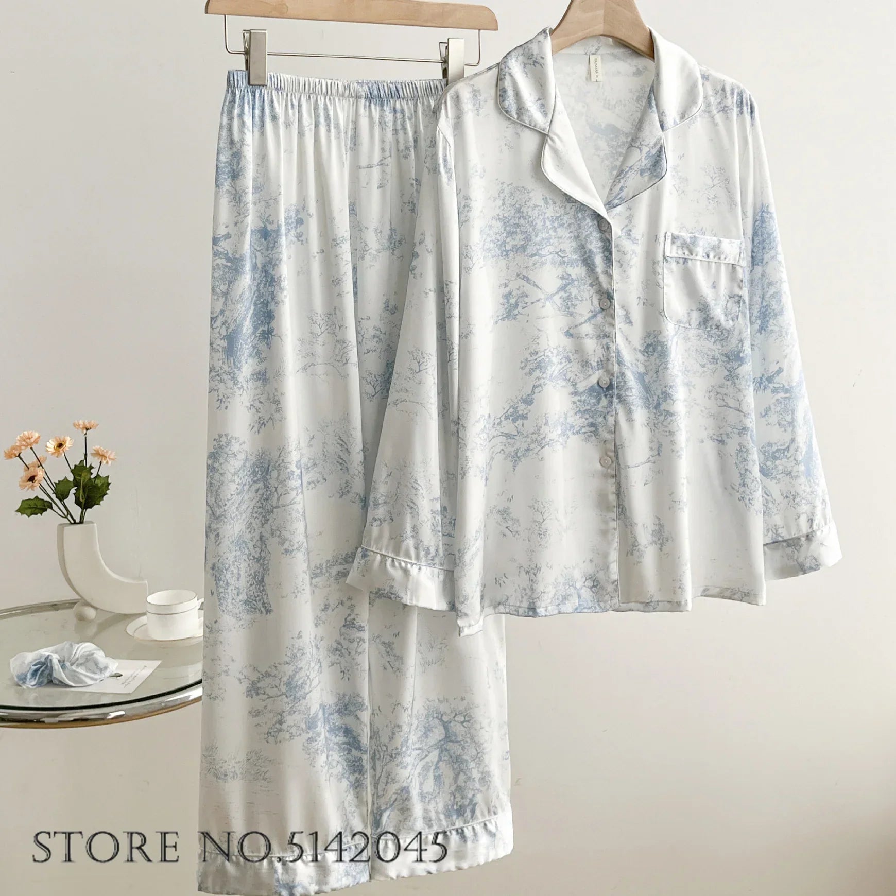 Women's floral satin pajama set soft breathable luxury sleepwear with elegant blossom print