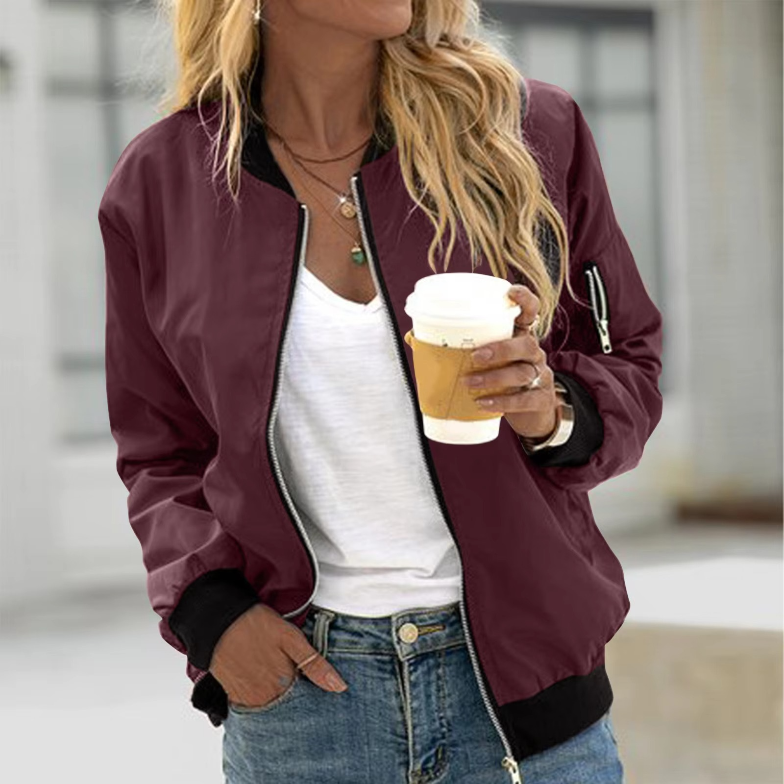 Women's mock neck bomber jacket zip-up lightweight coat for hiking all-season outdoor style