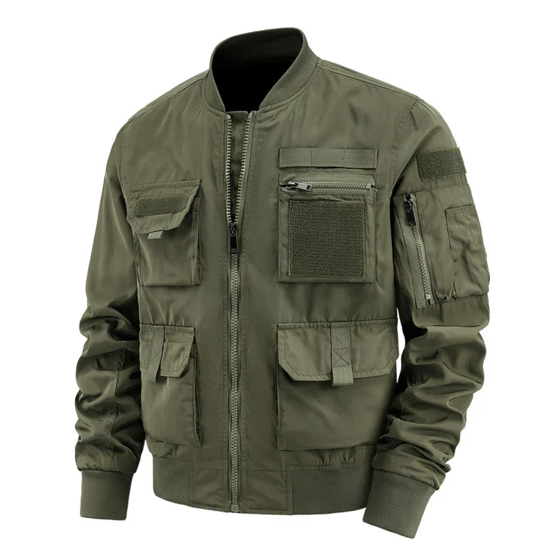 Men's olive utility jacket multi-pocket velcro closure rugged cargo style with zippered chest pocket