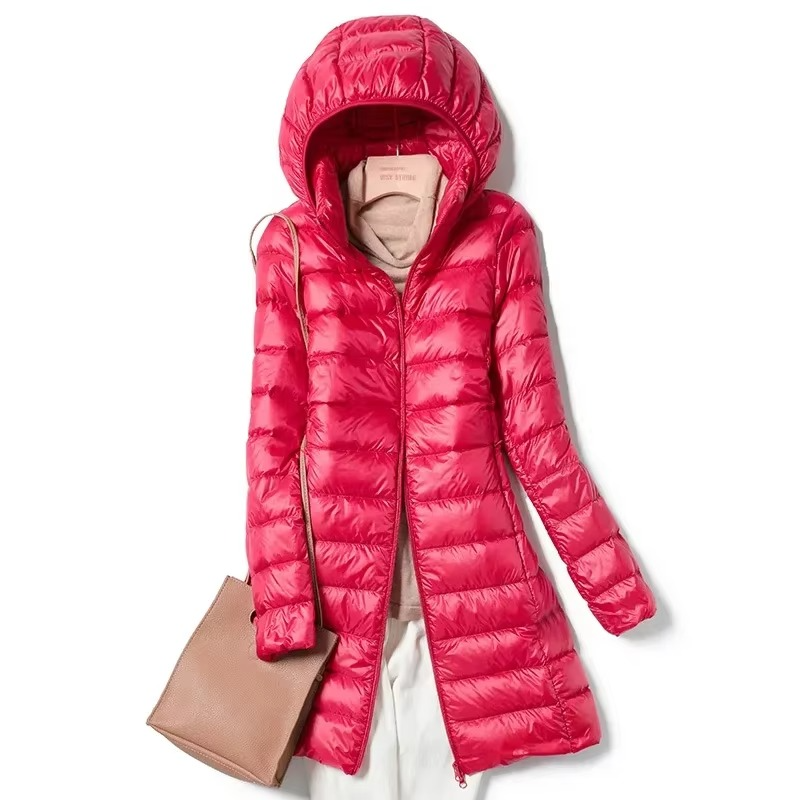 Women's slim-fit long hooded down parka lightweight insulated coat for cold weather