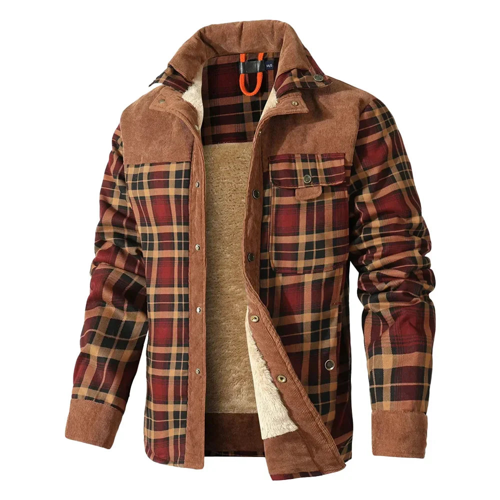 Men's plaid corduroy shirt jacket relaxed fit fleece-lined warmth layer casual style