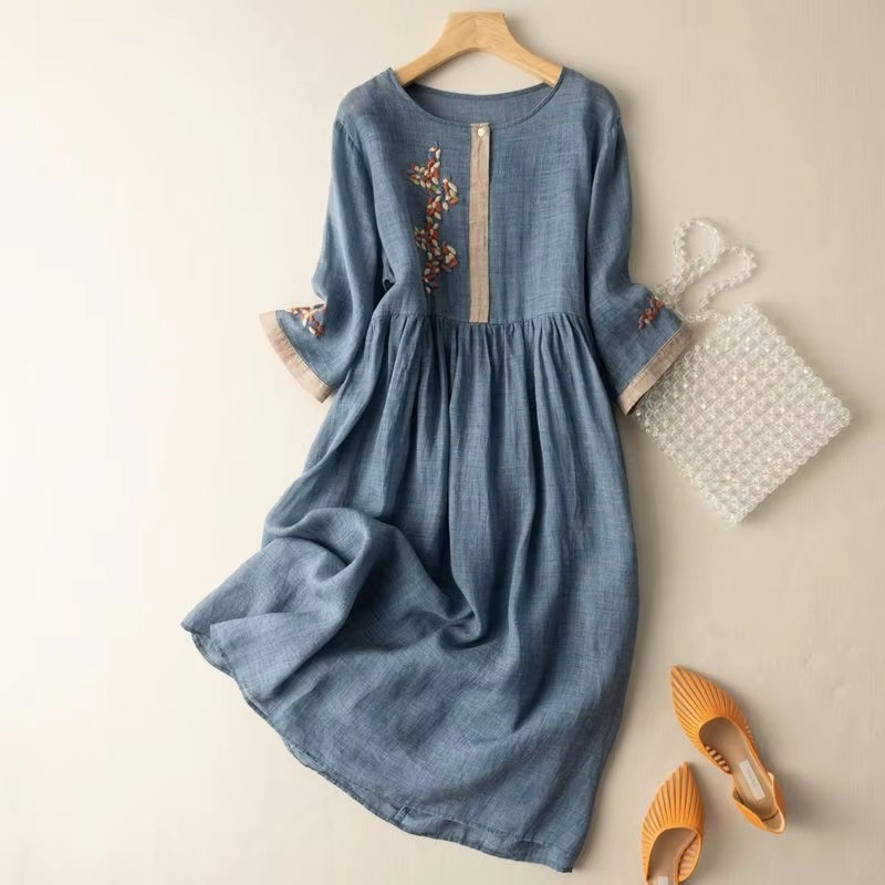 Women's cotton linen sleeveless A-line summer dress with Chinese ethnic detailing, French silhouette