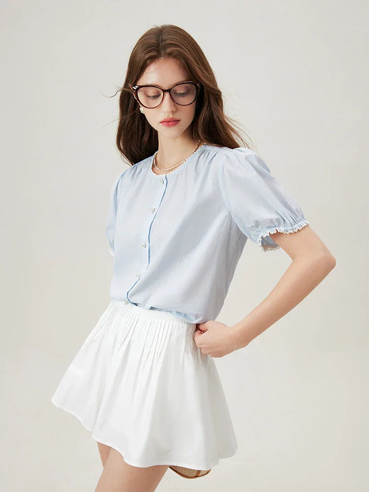 Violet cotton blouse relaxed fit lightweight twill ribbed neckline pearl embellishments vintage charm