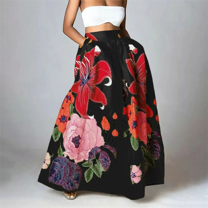 Boho maxi skirt with oversized lush floral print and flowing silhouette in botanical garden hues