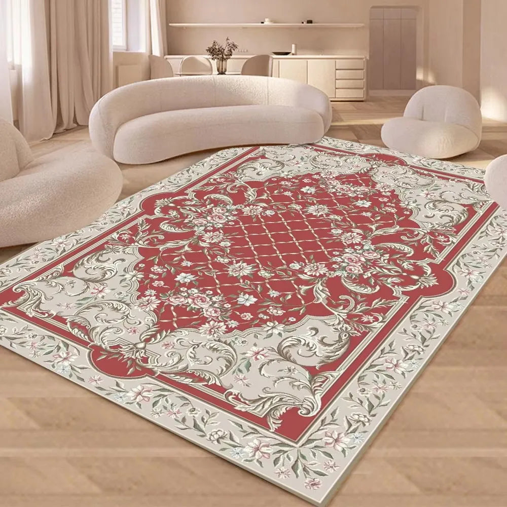 European-style luxury floral area rug in soft flannel, non-slip large floor mat for living room