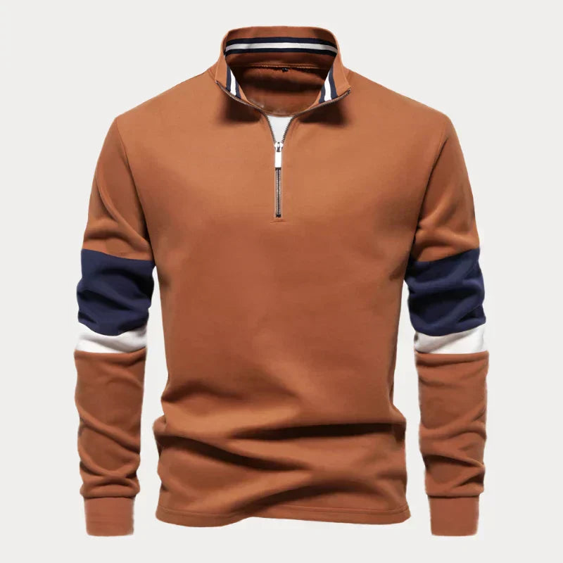 Men's navy blue half-zip sweater with stand-up collar and bold striped sleeves for city style