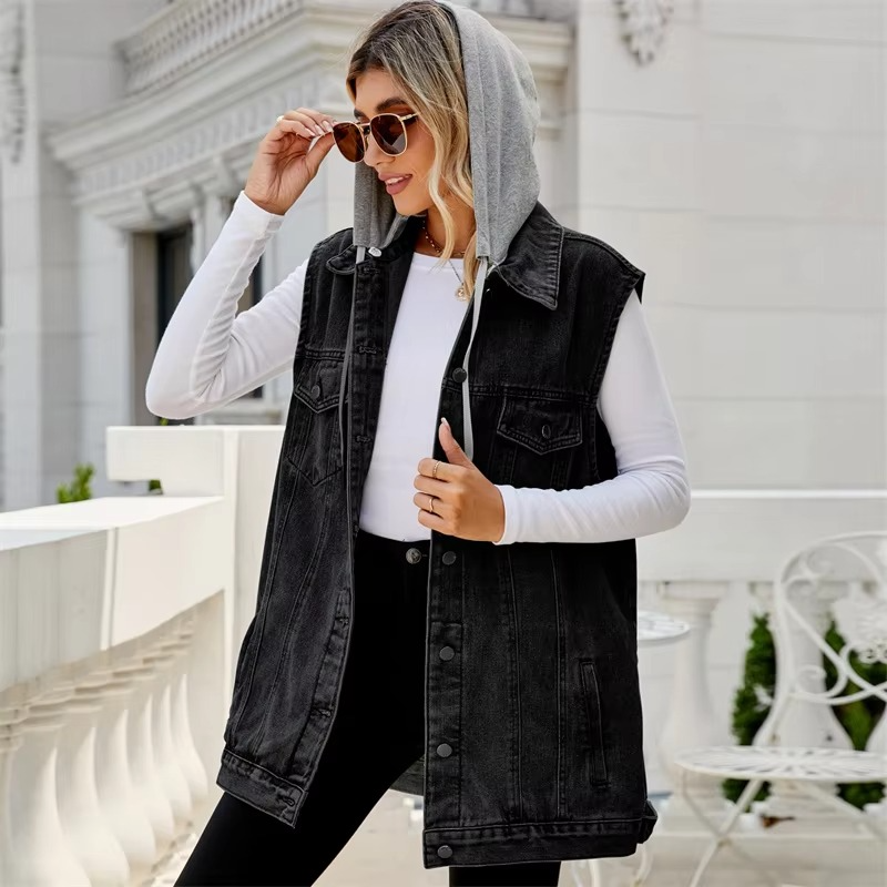 Women's blue denim sleeveless vest jacket with detachable hood, single-breasted casual layering cardigan