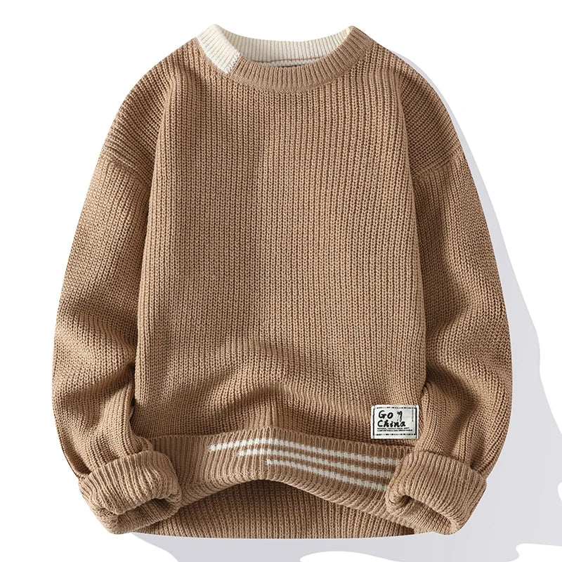 Men's color block crewneck knitted sweater smart casual stretch fit with contrasting panels