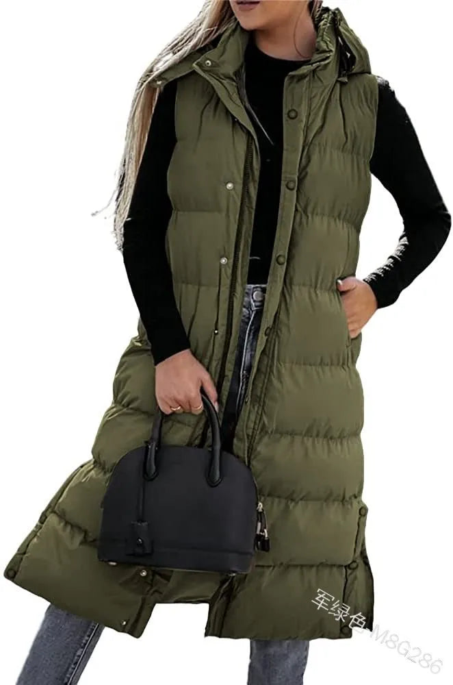 Women's long mid-calf hooded quilted puffer jacket with dual zip-snap closure for all-season warmth