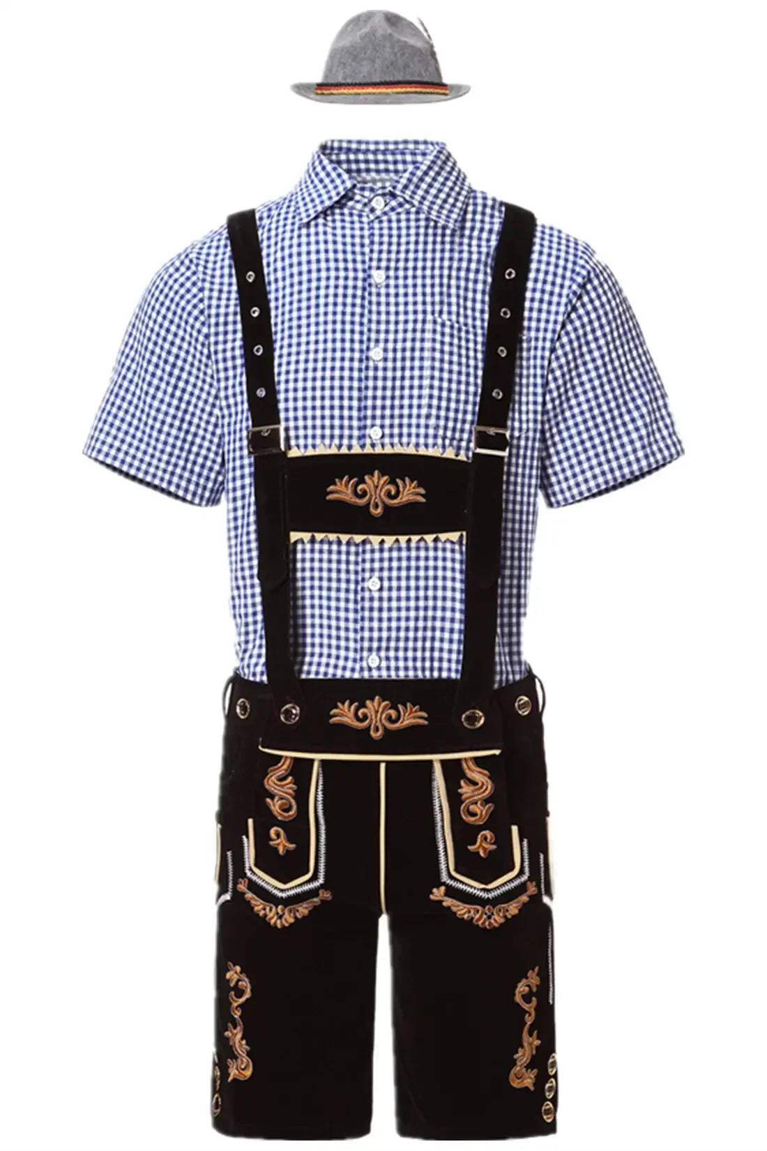 Men's brown suede-like embroidered Lederhosen set with traditional Bavarian shirt and hat included