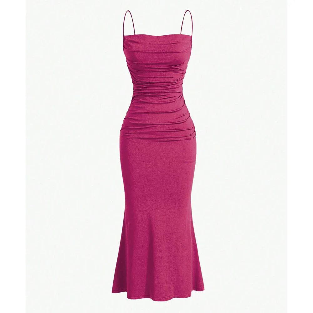 Anna draped maxi dress stretch fabric ruched bodice soft neckline slim silhouette flared hem