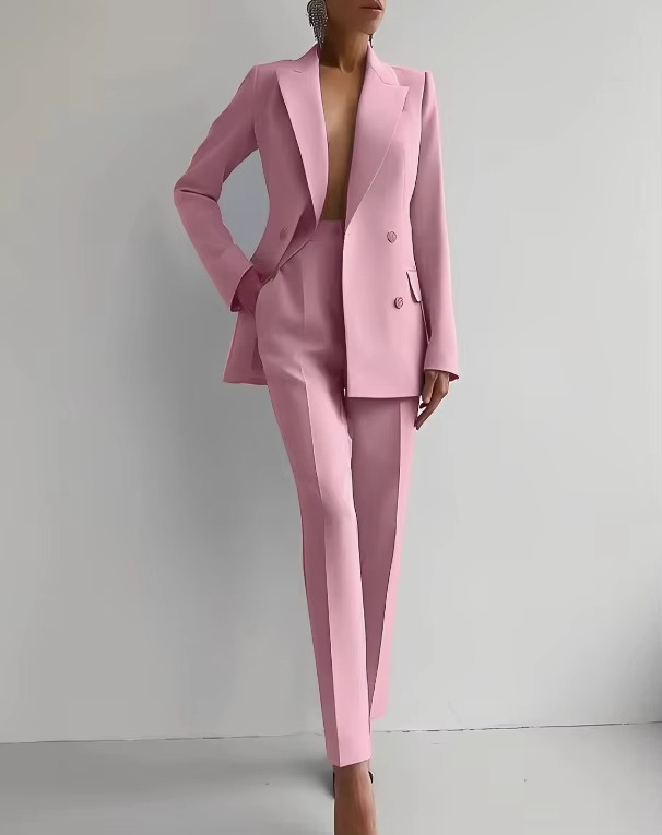 Women's solid color blazer and high-waist pants 2-piece set, tailored professional coordinated suit