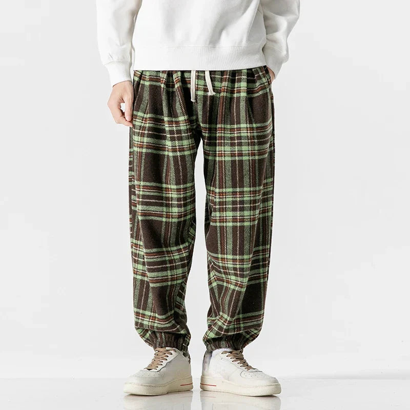 Men's plaid drawstring sweatpants in dark checkered pattern with adjustable elastic waist soft breathable fabric