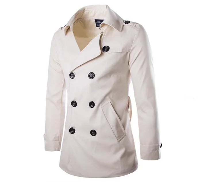 Men's slim fit mid-length trench coat tailored silhouette, classic beige, modern cut