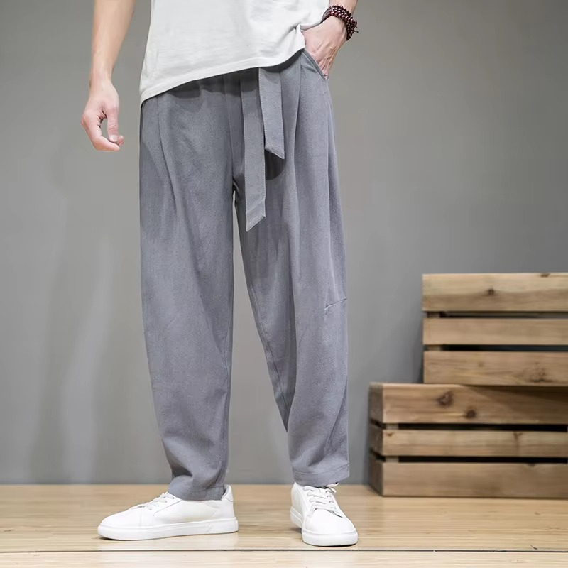 Men's cotton linen harem pants elastic waist relaxed tapered fit lightweight breathable everyday comfort
