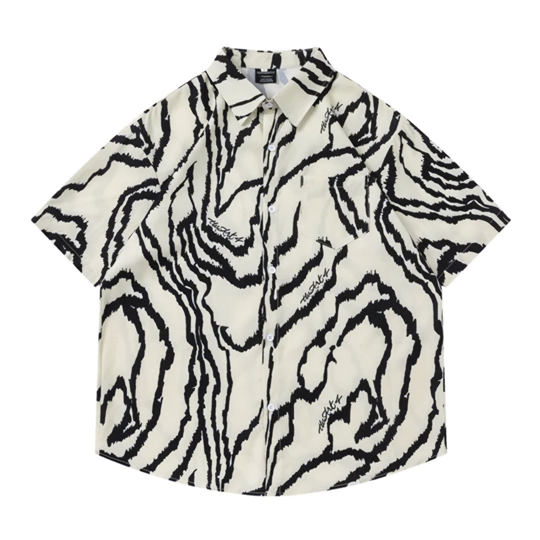 Men's short sleeve shirt black white marbled stripe fluid polyester modern relaxed fit
