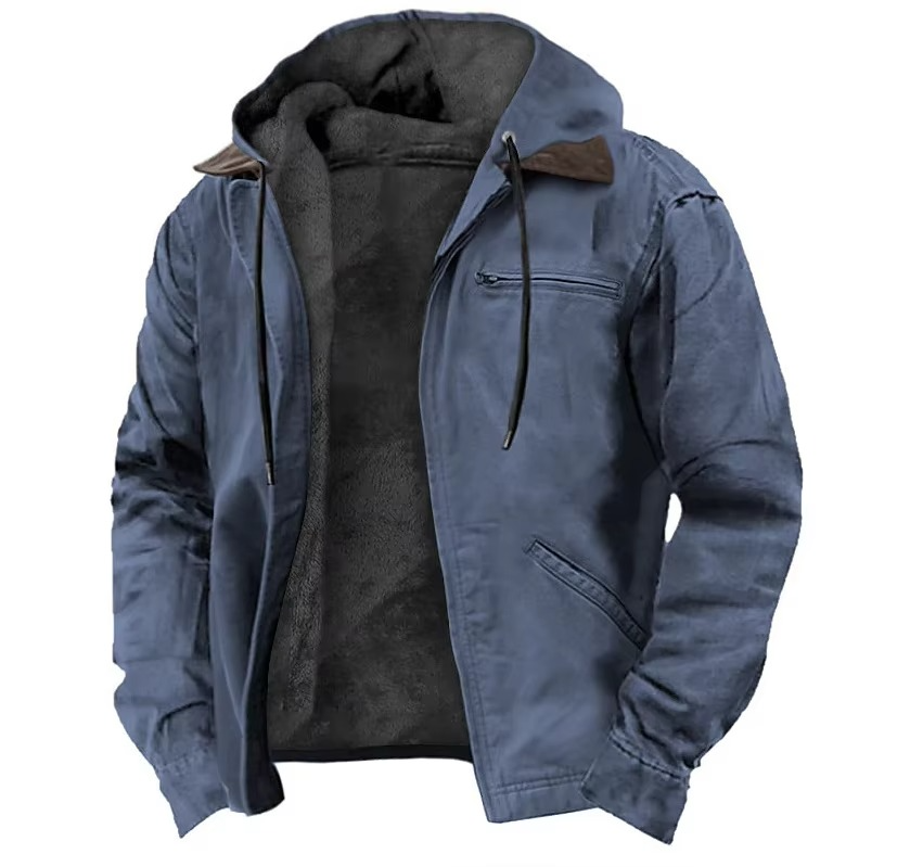 Men's winter fleece hooded jacket with warm lining, full zipper, and casual outdoor style