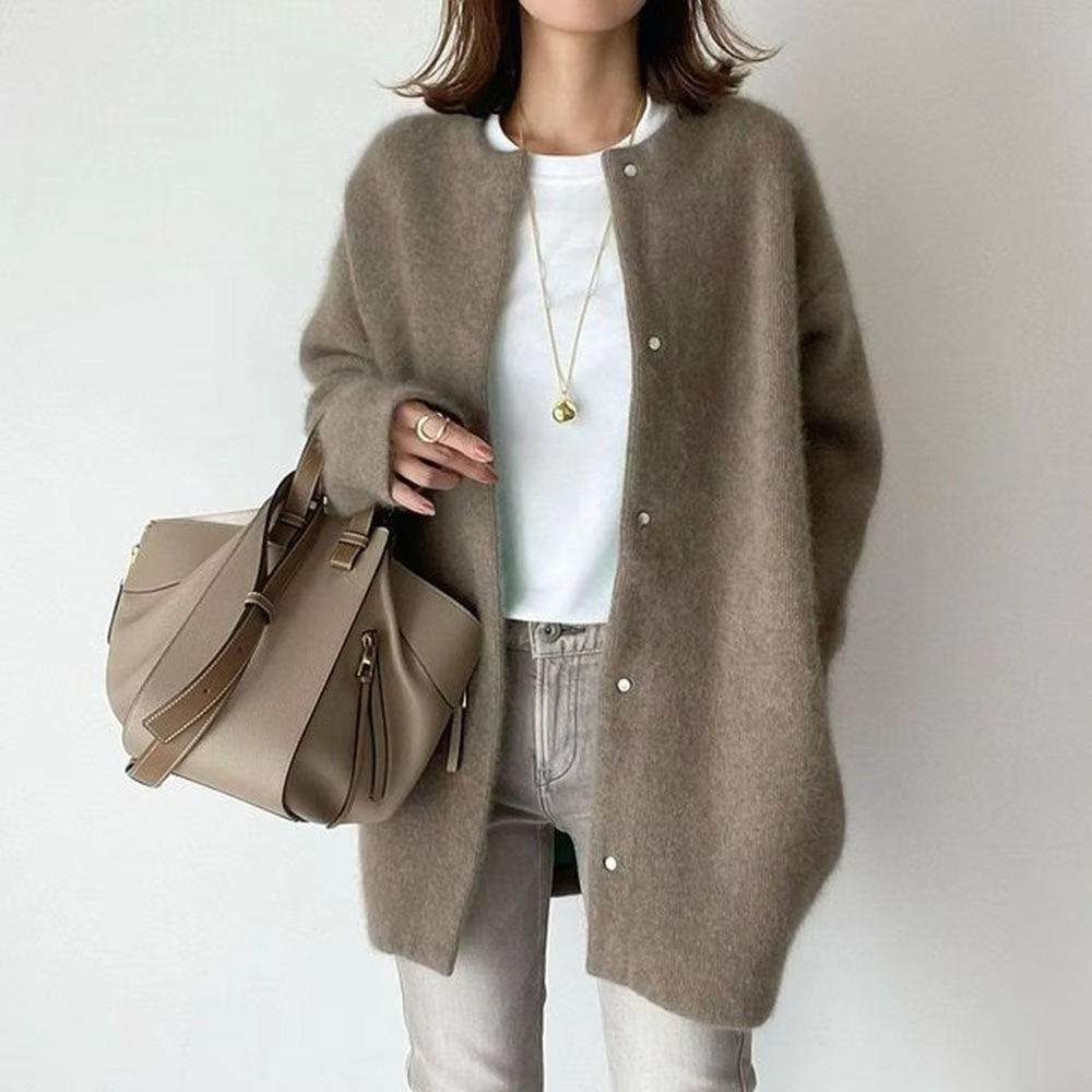 Mink velvet knitted cardigan coat women mid-length A-line cozy plush sweater luxurious warm layer