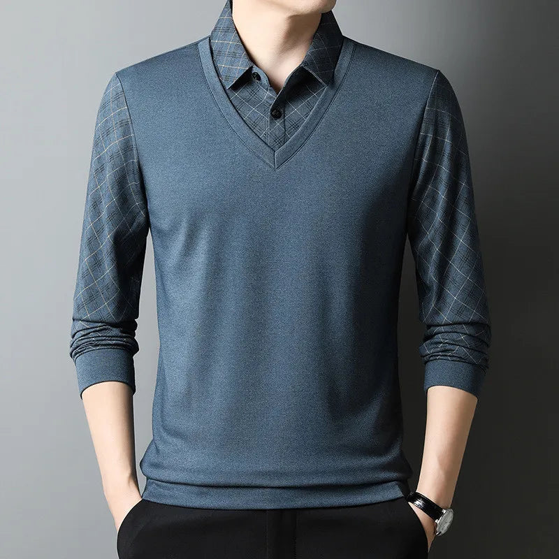 Men's navy blue 2-in-1 long sleeve polo shirt with built-in knit sweater layered look