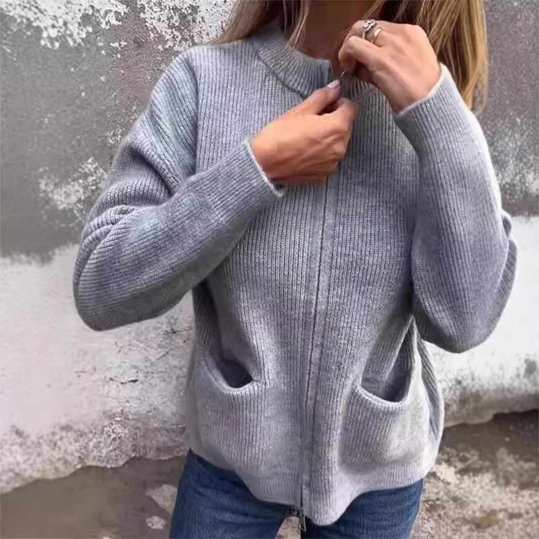 Women's beige stand collar zip knit jacket relaxed fit cozy acrylic blend everyday layering piece