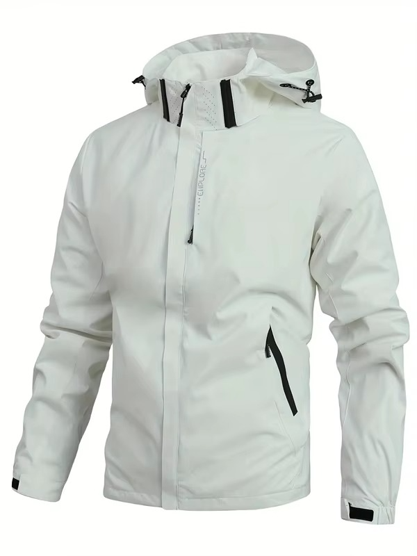 Men's lightweight waterproof hooded rain jacket in neutral tones, packable shell for hiking outdoors