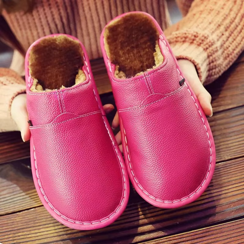 Unisex waterproof leather plush slippers warm brown cozy premium upper indoor house shoes