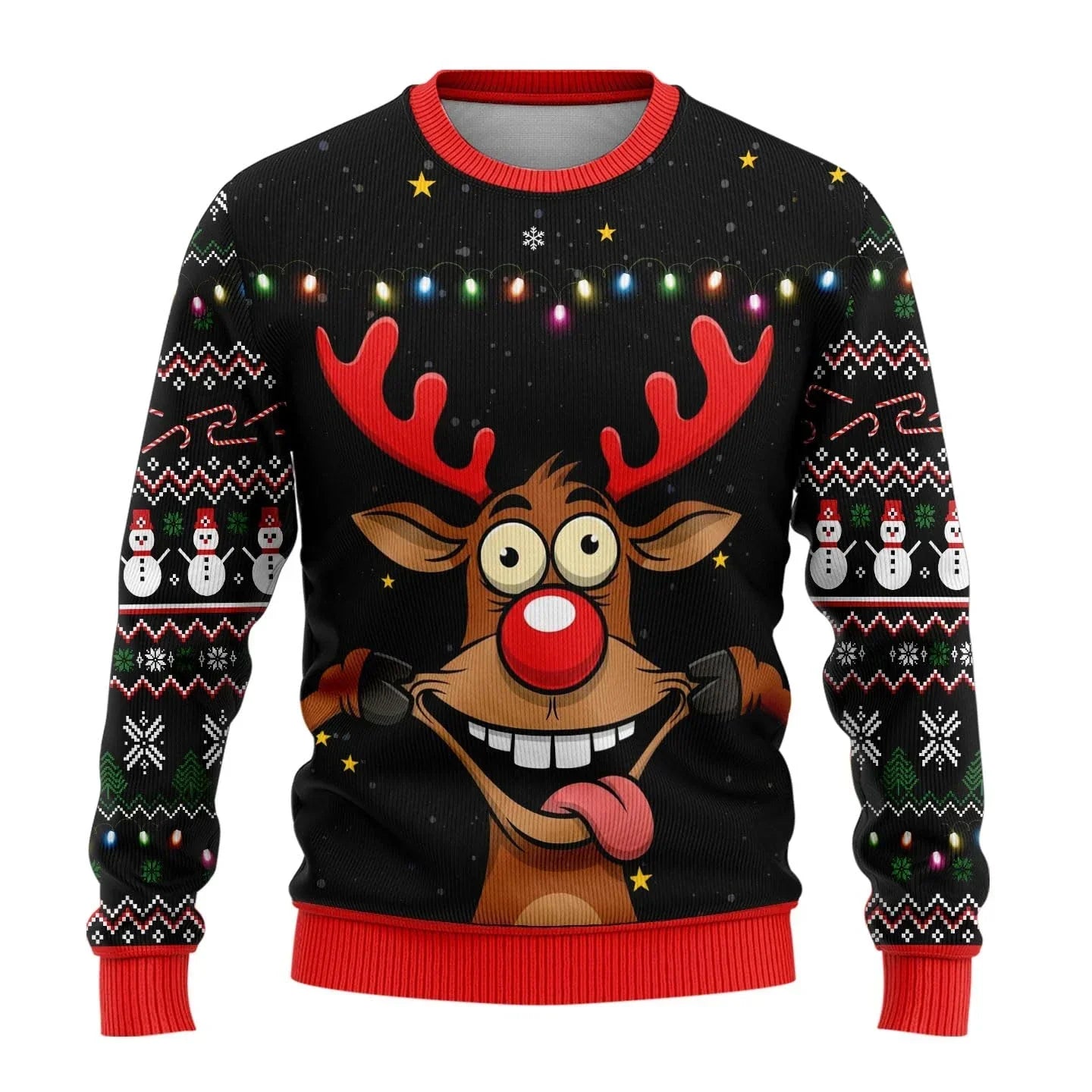 Men's red Christmas knit sweater with playful snowman print, classic cozy fit for holiday gatherings