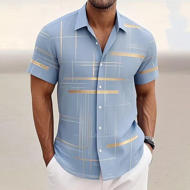 Men's short sleeve button-down shirt bold 3D geometric plaid print breathable casual summer style
