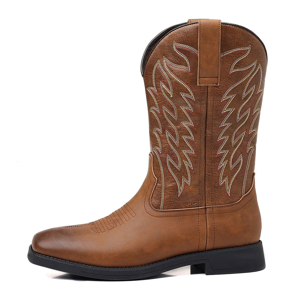 Men's brown leather Western cowboy boots with pointed toe and decorative stitched detailing