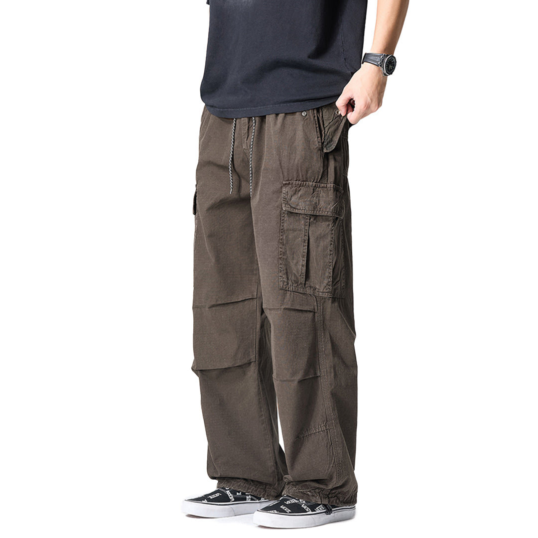 Men's beige cargo pants relaxed fit breathable cotton drawstring waist multi-pocket active style