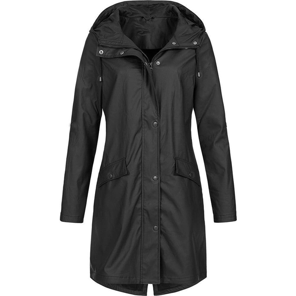 Women's water-resistant hooded rain jacket relaxed fit mid-thigh length zip front for spring and fall