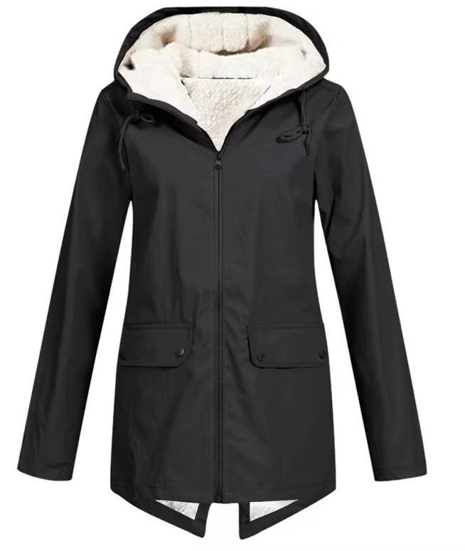 Women's waterproof hooded trench coat windbreaker with velvet lining, all-weather stylish outerwear