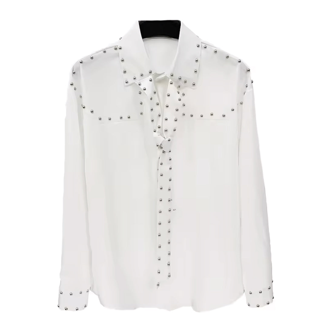 Men's black poly-cotton button-down shirt with sleek rivet accents on collar and cuffs