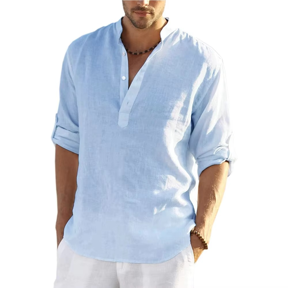 Men's cotton linen casual shirt relaxed fit long sleeve lightweight breathable spring style