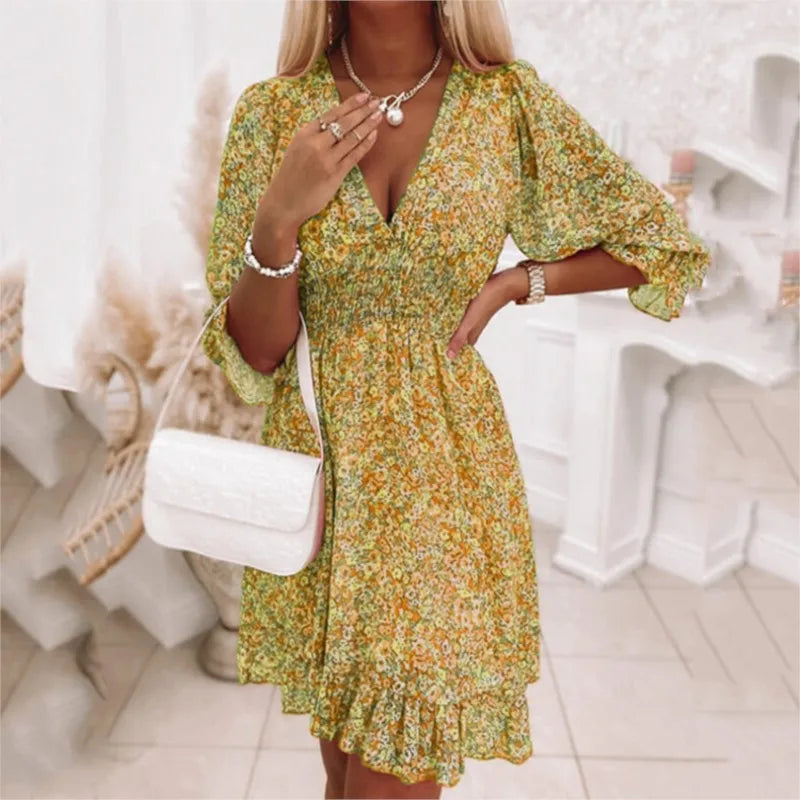 Women's boho floral midi sundress vibrant multicolor print flowing silhouette half sleeves