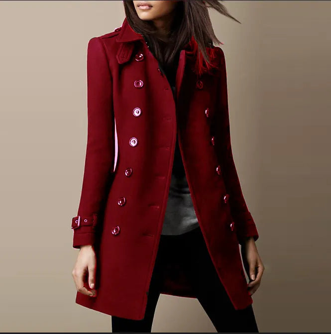 Women's double-breasted mid-length trench coat notched collar structured fit classic everyday style