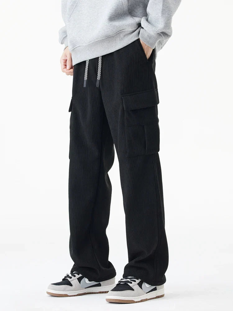 Men's brown corduroy fleece-lined cargo sweatpants relaxed fit with double-layer warmth