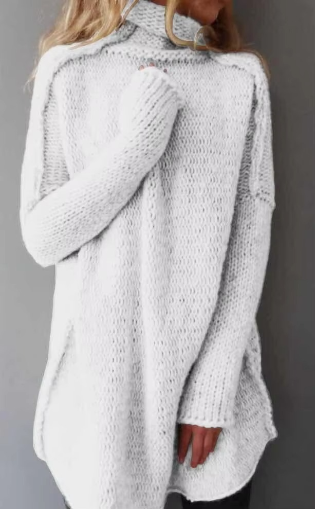 Women's grey knit pullover sweater long sleeve pile collar cozy autumn top soft warmth